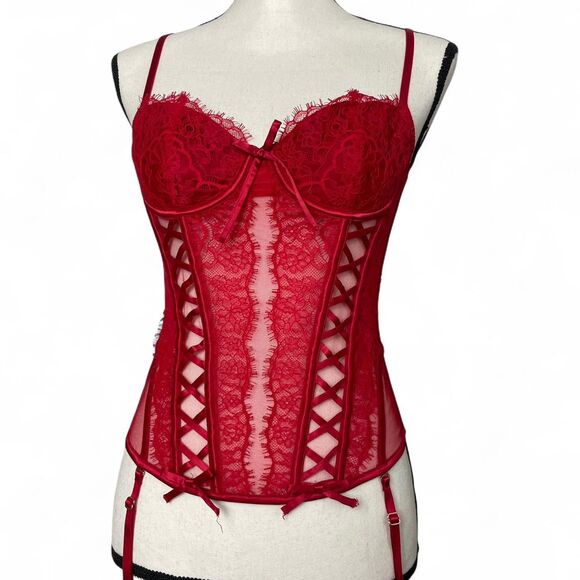 Victorias Secret Red Lace Corset Bow Details Garter Straps Size Small - Picture 1 of 6